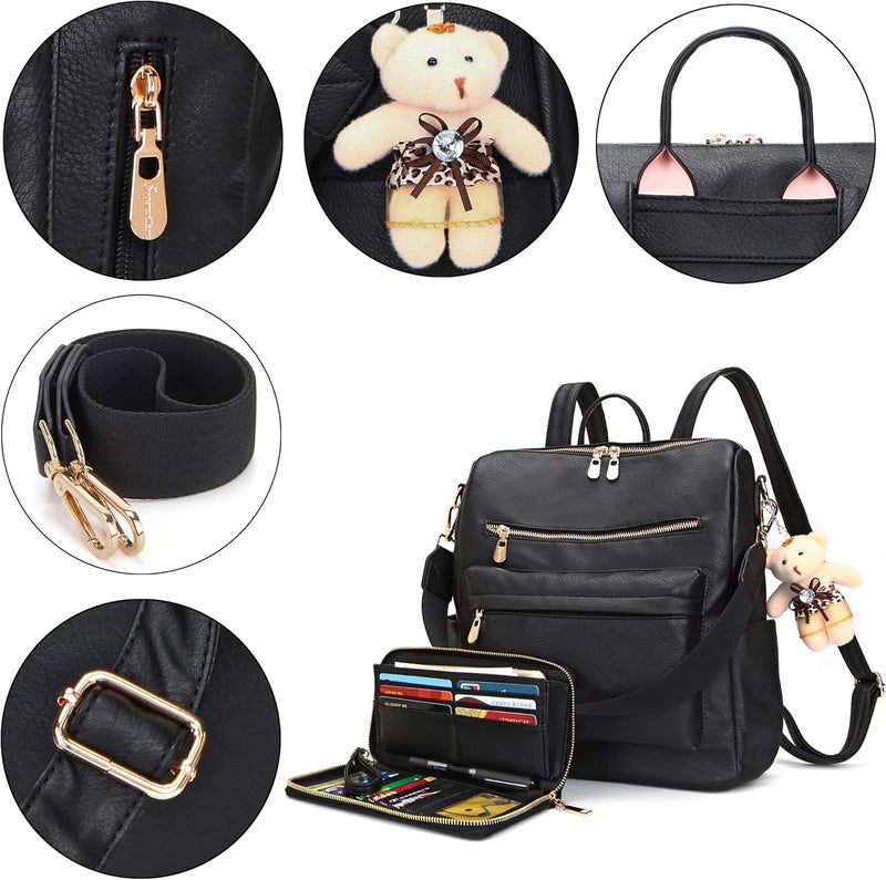 Soperwillton Women Backpack Purse Multipurpose Design Handbags Shoulder Bag PU Leather Travel bag Backpack Set 2pcs - Image 4